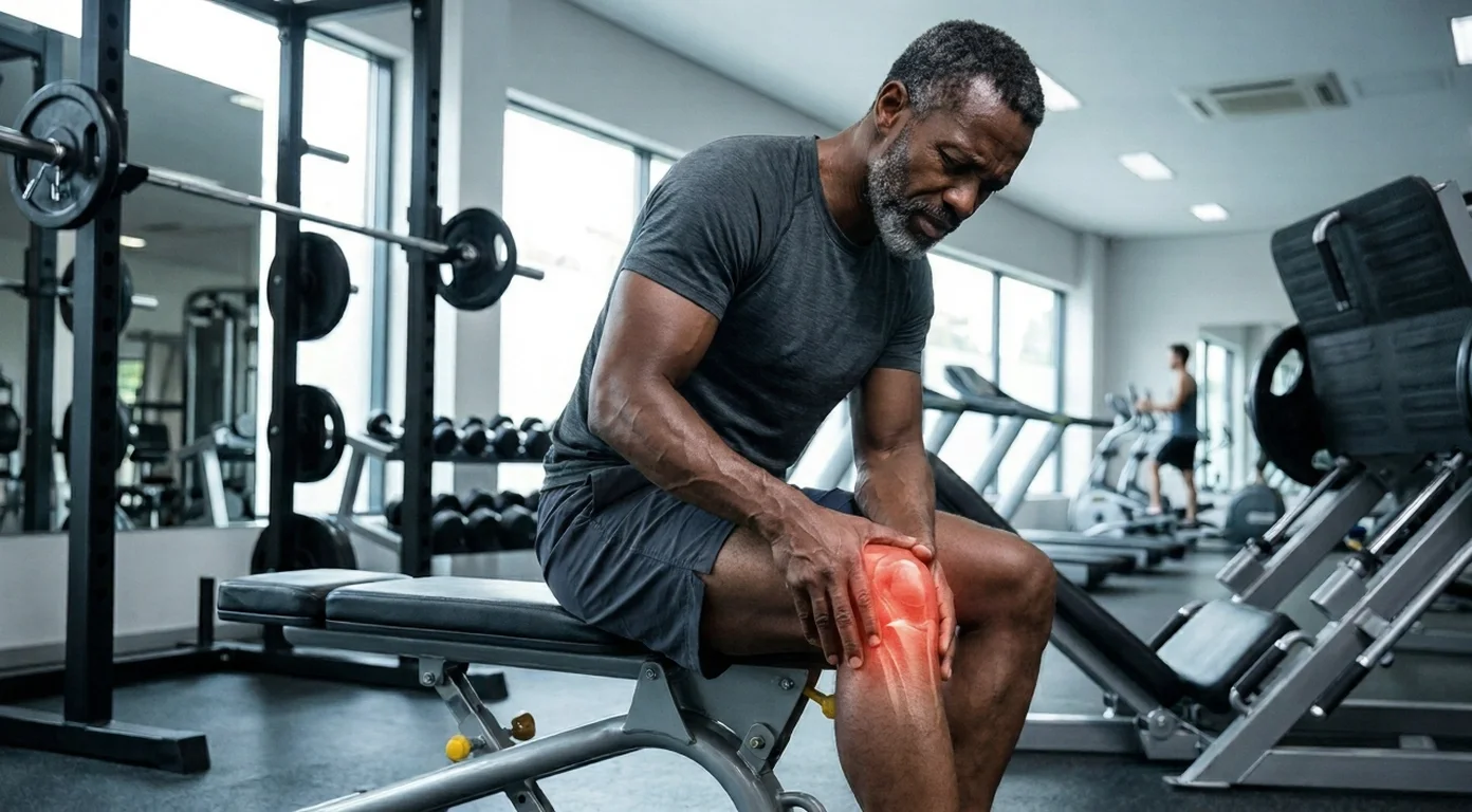 Man experiencing knee pain while exercising in gym
