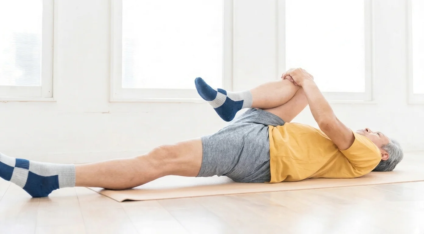 Senior man performing a leg stretching exercise on a yoga mat.