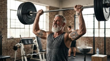 Older man lifting barbell in gym