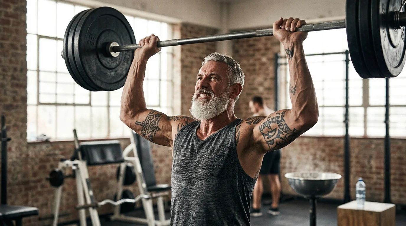 Older man lifting barbell in gym