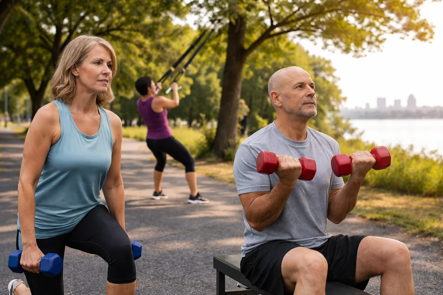 People exercising outdoors with weights and TRX bands.